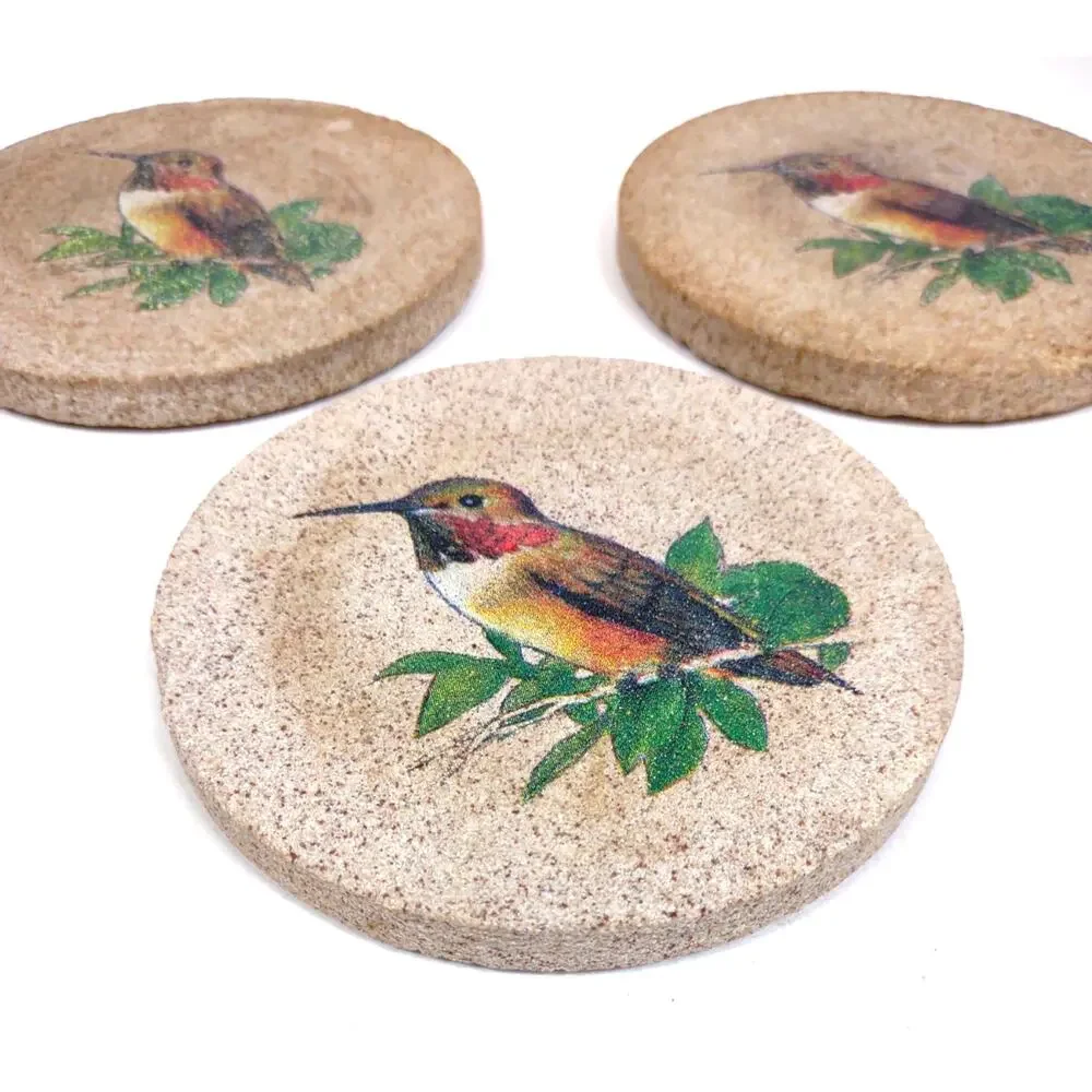 VTG ThirstyStone Hummingbird Coasters Set of 3 Sandstone Drink Bar Cork Back